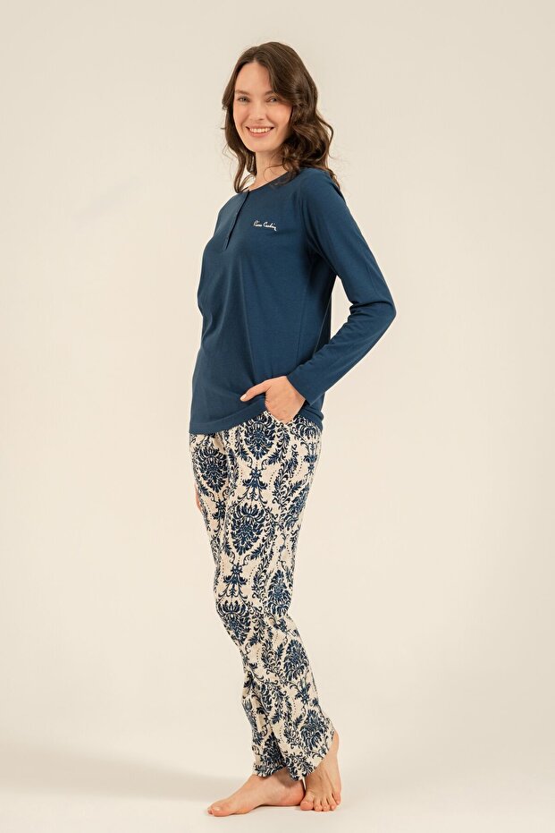 Women's Cream Buttoned Collar Long Sleeve Pajama Set Pc9285-S-V2