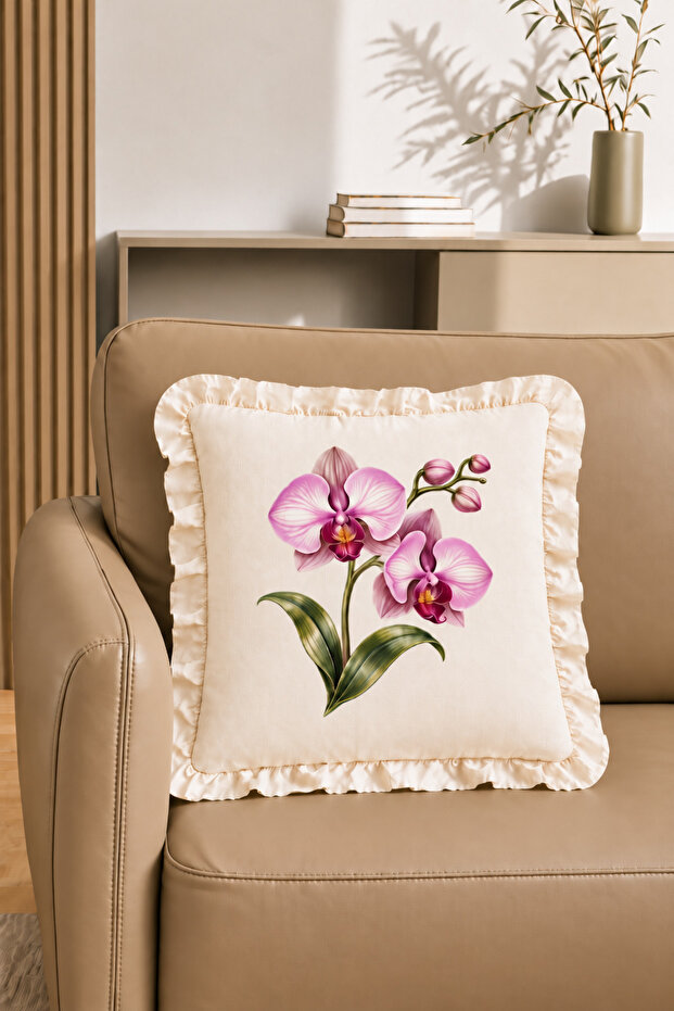 Luxury Purple Orchid Collection Ruffled 100% Cotton Decorative Throw Pillow Cover 45X45 cm
