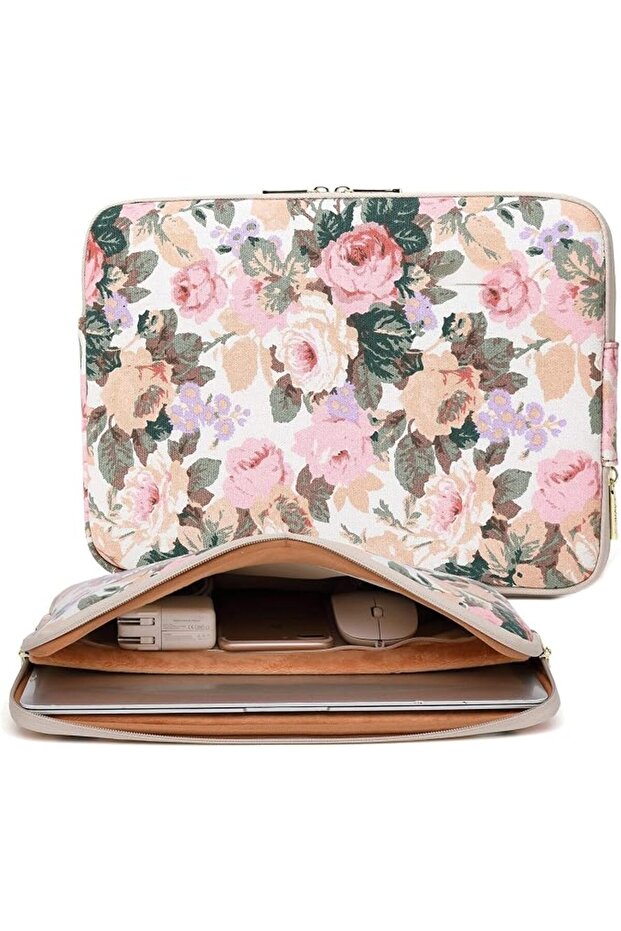 White Camellia Waterproof Canvas Laptop Sleeve with Front Pocket, Shockproof Padded Case for MacBook