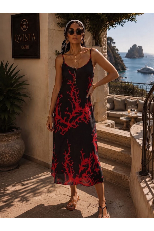 Women's Woven Cotton Rope Strap Casual Dress Red Patterned