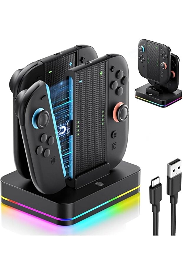 قاعدة شحن لجهازي Joy-Con مع مقبضين قابلين للإزالة وإعادة الشحن، محطة شحن 4 في 1 لنينتندو سويتش