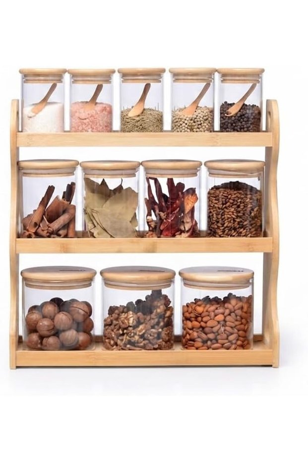 3-Tier Bamboo Spice Rack Organizer with 12 Mixed-Size Airtight Glass Jars, Lids & Spoons, Countertop Storage Shelf for Spices, Herbs, Seasonings, Dry Goods and Kitchen Pantry Organization