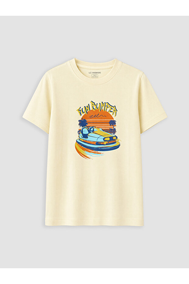 Beige Crew Neck Printed Boy's T-Shirt