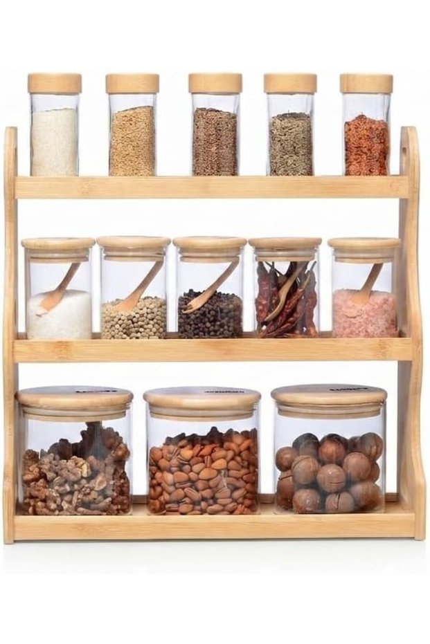 3-Tier Bamboo Spice Rack Organizer with 13 Mixed-Size Airtight Glass Jars, Lids & Spoons, Countertop Storage Shelf for Spices, Herbs, Seasonings, Pantry Goods and Kitchen Organization