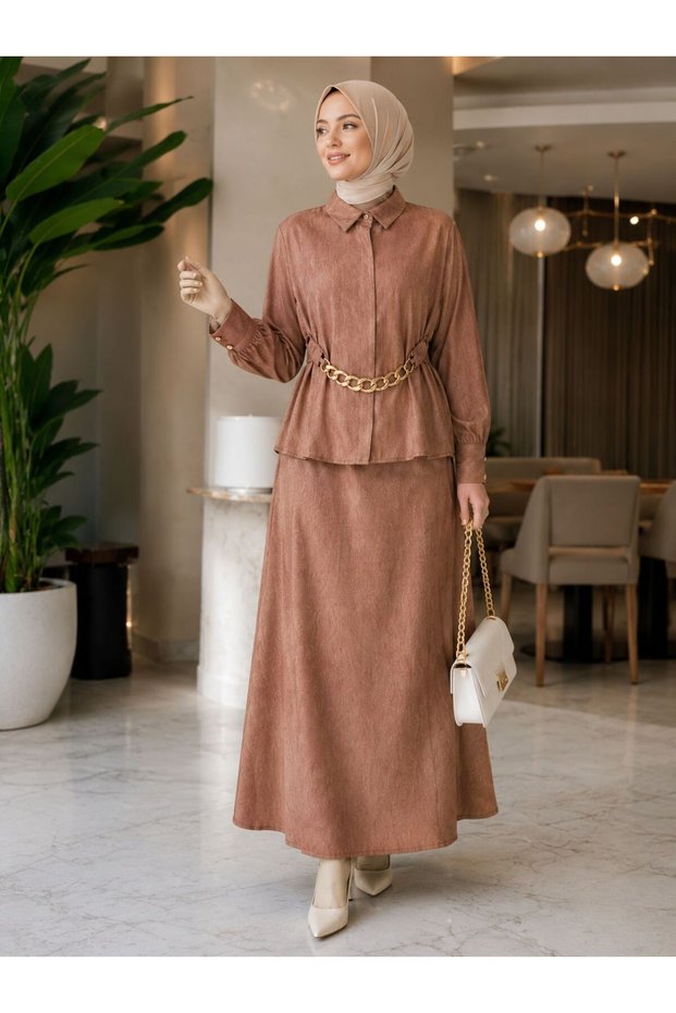 Women's Tencel Cotton Elastic Waist Skirt and Shirt Set with Metal Cord and Button Detail, Stylish Two-Piece Set