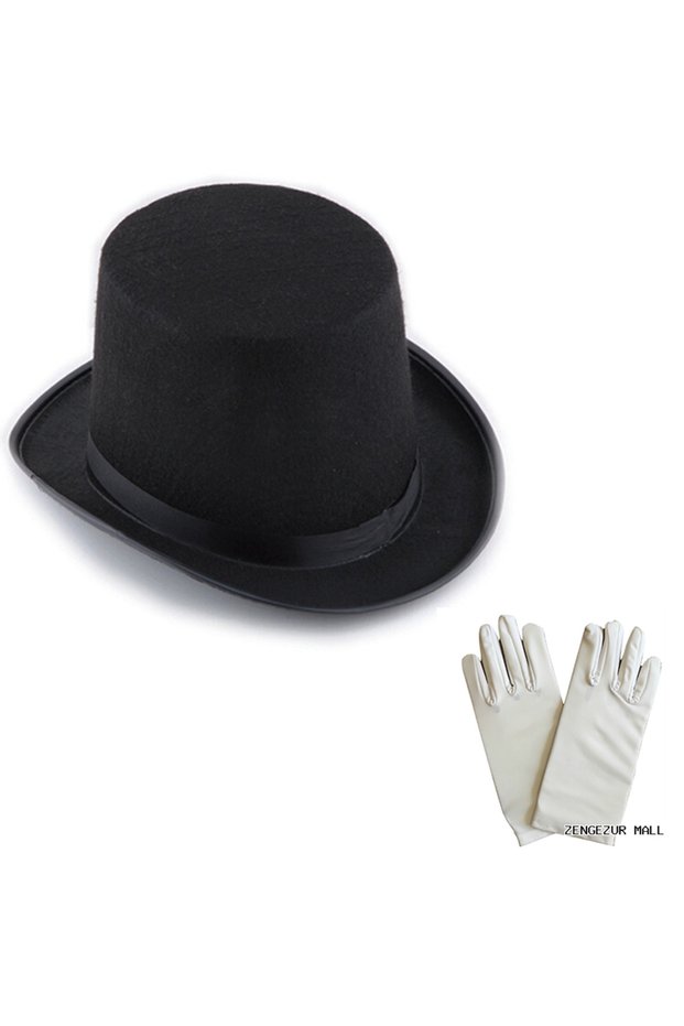 Zngzrmll Black Magician Fedora Hat 15 cm - 1 Pair of White Magician Gloves - (121341) Adult Size