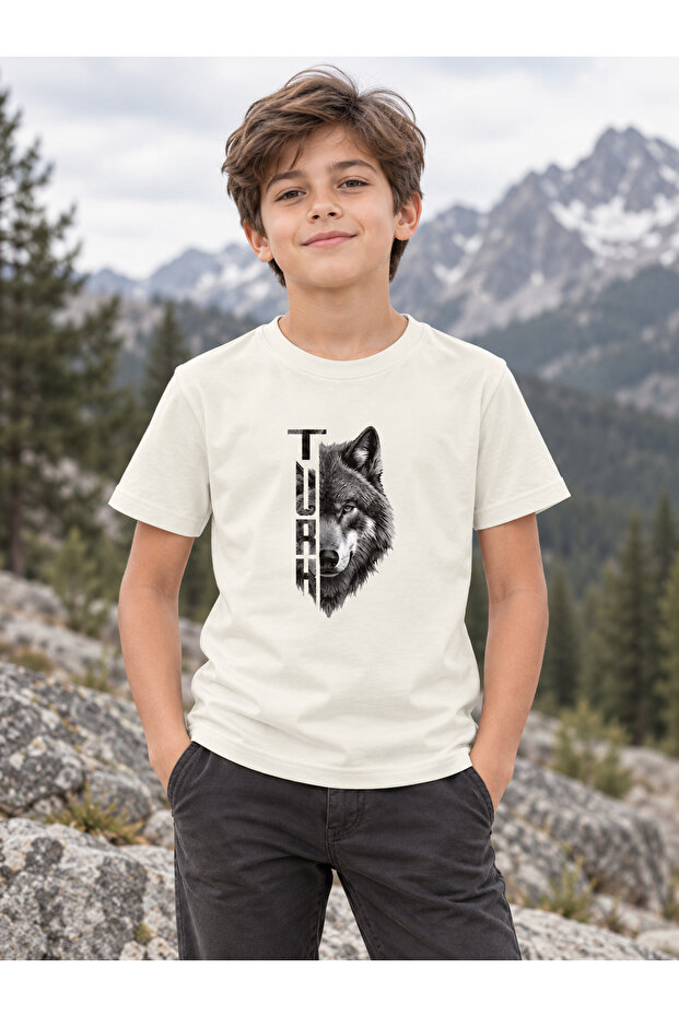 Children's Turkish Written Wolf Printed T-Shirt – Gray Wolf Themed Short Sleeve Crew Neck T-Shirt