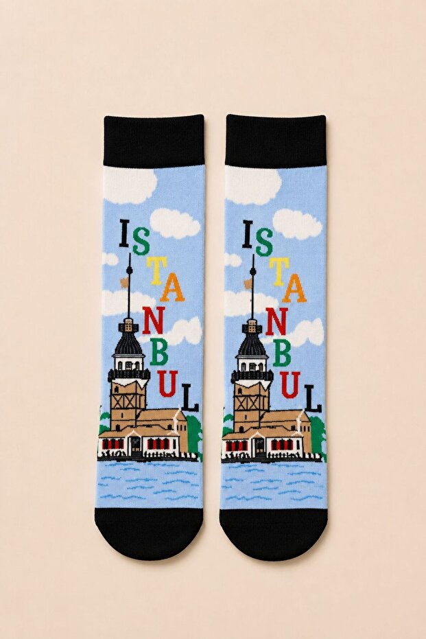 Istanbul Maiden's Tower Patterned Blue Unisex Socks