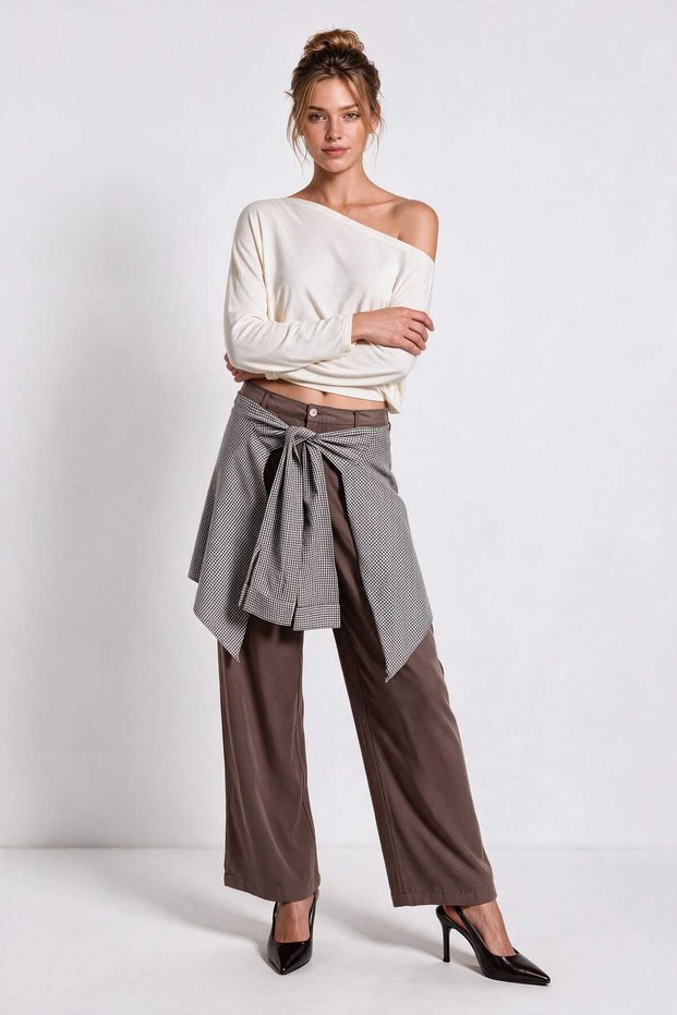 Shirt with Tie Detail Tencel Pants Lby0074 Milk Coffee
