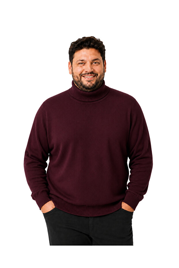 Men's Large Size Burgundy Full Fisherman Cotton Sweater 3Xl-4Xl-5Xl-6Xl