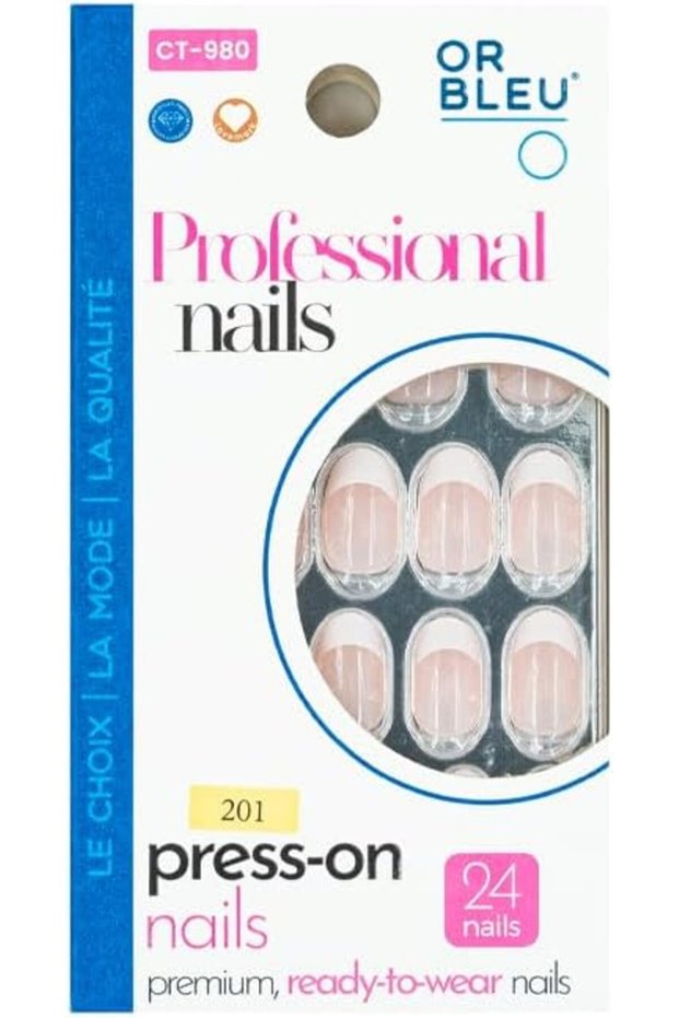 CT980 Press-On Nails, French Tips, Nude Tones, Geometric Accents, 24 Salon-Shaped Nails, No Glue Required (201)