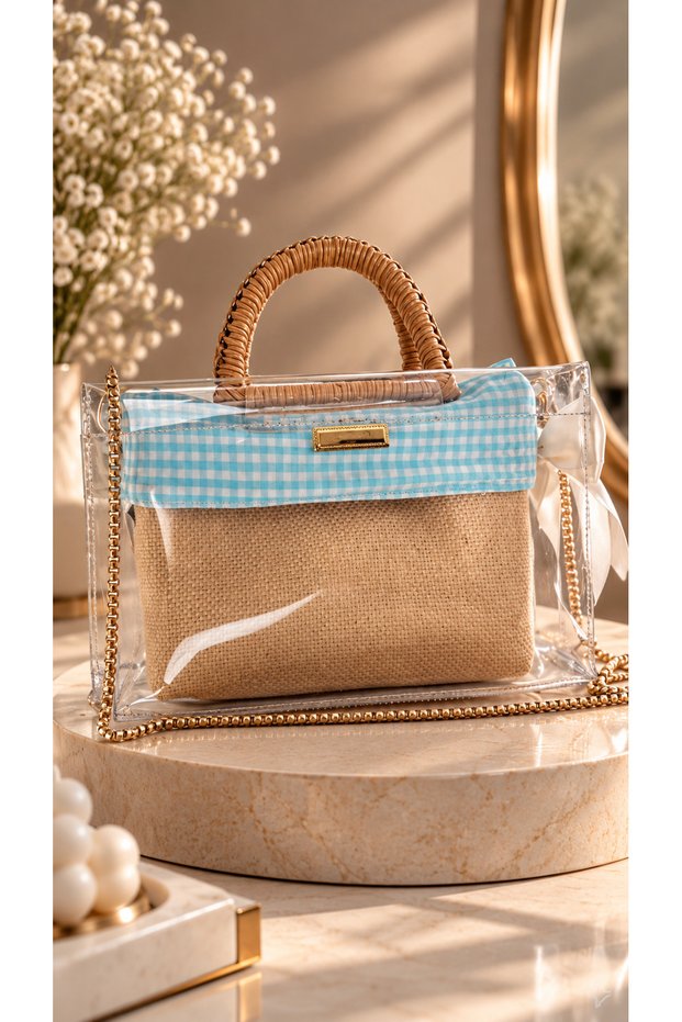 Davinci Women's Transparent Bamboo Handle Hand and Shoulder Bag with Gold Chain Strap and Inner Bag