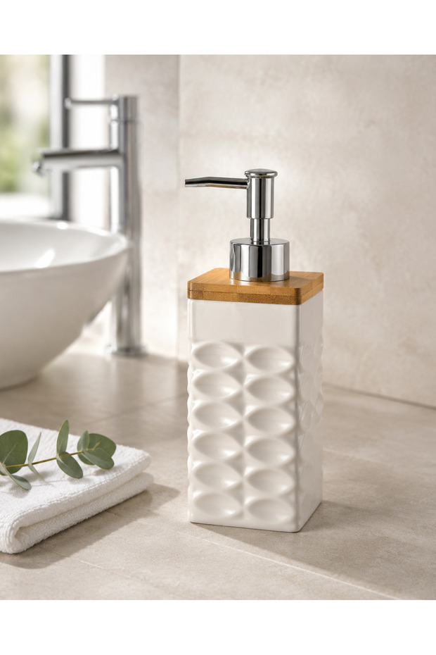 Square Embossed Patterned Porcelain Liquid Soap Dispenser with Bamboo Lid 400 ml Beige
