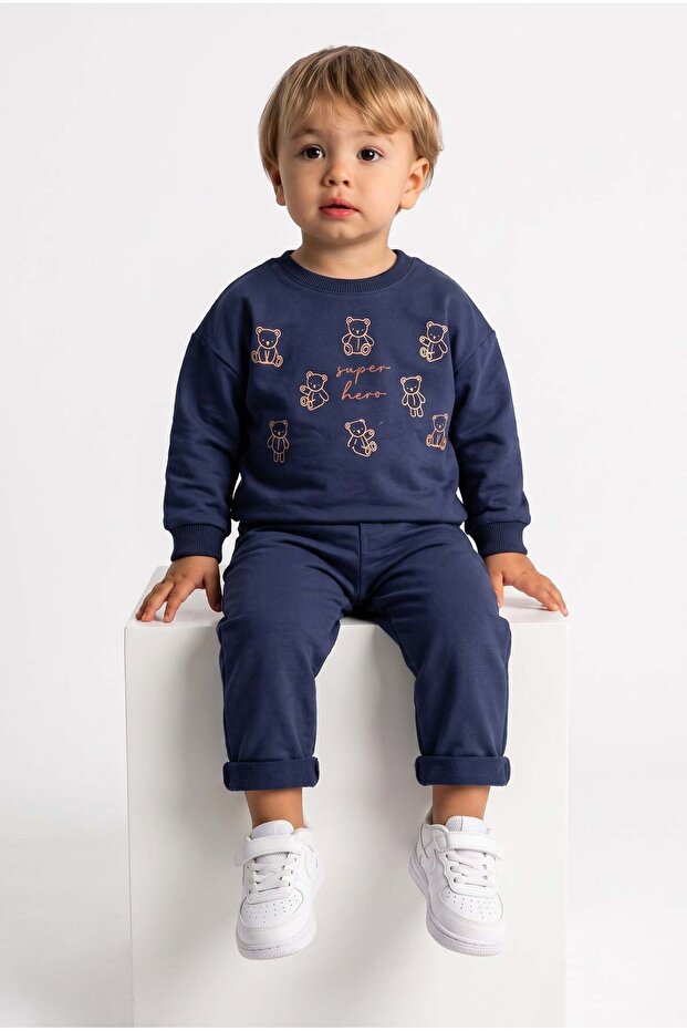 Baby Boy Super Teddy Bear Two-Thread Tracksuit Set Navy Blue