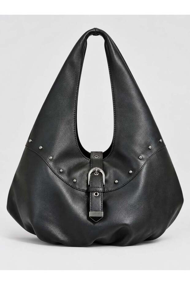 Black Women's Large Size Hobo Shoulder Bag with Metal Studs and Lock Accessories
