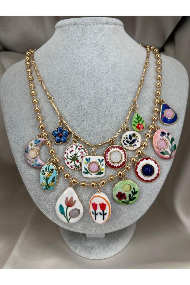 Women's Gold Color Flower Patterned Ceramic Charm Detailed Chain Necklace