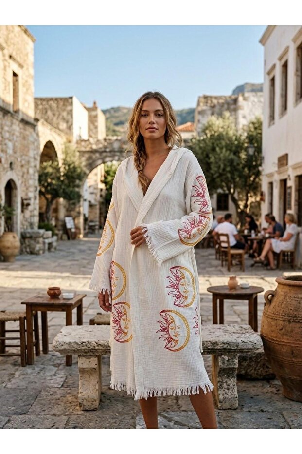 Bohemian Moon Face Sun Patterned Peshtemal Muslin Bathrobe Soft, Lightweight and Breathable Woven Fabric (100% Cotton)