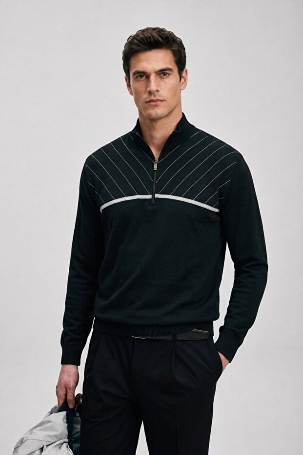 Men's Striped Regular Black Half-Zip Sweatshirt