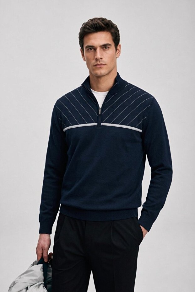 Men's Striped Regular Navy Blue Half-Zip Sweatshirt