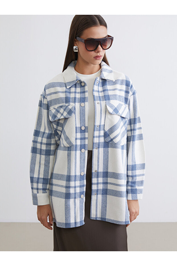 Lcw Modest Blue Plaid Oversized Women's Melton Shirt Jacket
