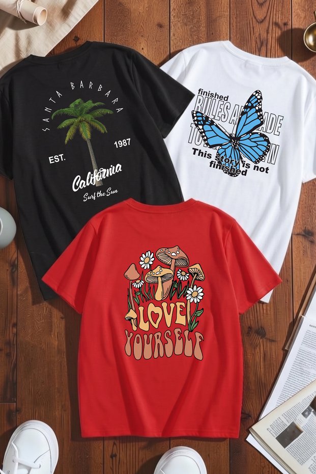 Unisex Mixed Print T-Shirt Set – 3-Pack Crew Neck Casual T-Shirts