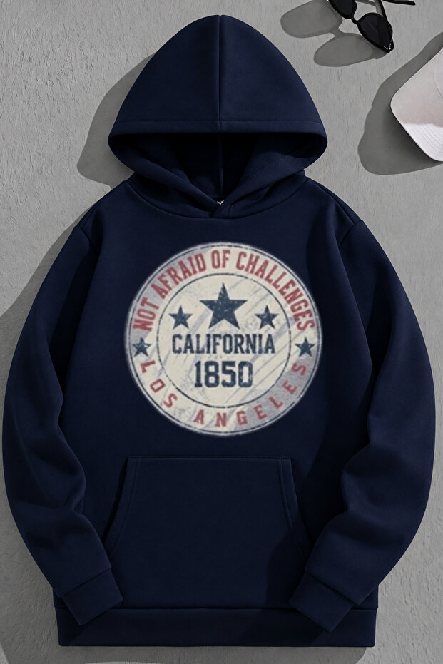 Unisex 3 Thread Cotton Navy Blue Calif1850 Print Loose Fit Sweatshirt Hoodie