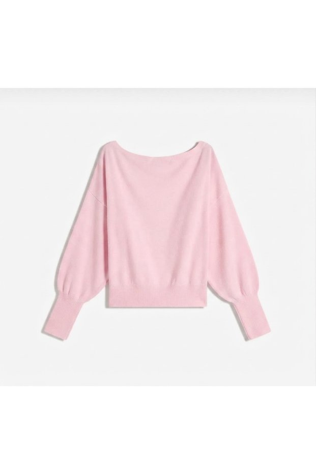 Women's Asymmetrical Boat Neck Trendy Rib Cut Popular Pink Knitwear Sweater