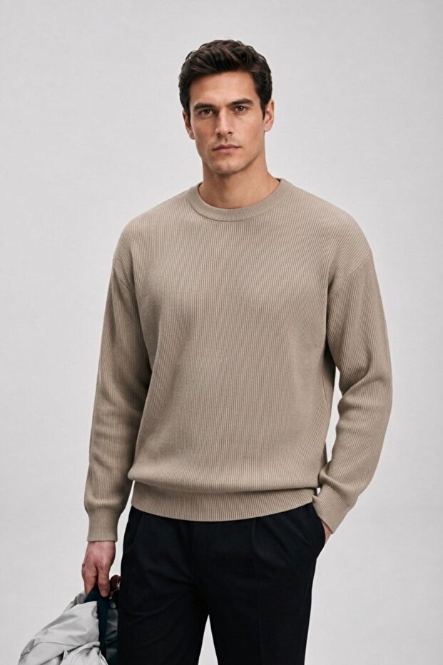 Men's Casual Winter Beige Crew Neck Basic Sweater