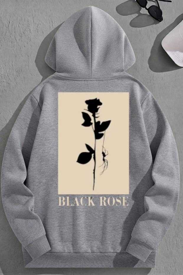 Unisex 3 Thread Cotton Gray Blackrose Print Loose Fit Sweatshirt Hoodie