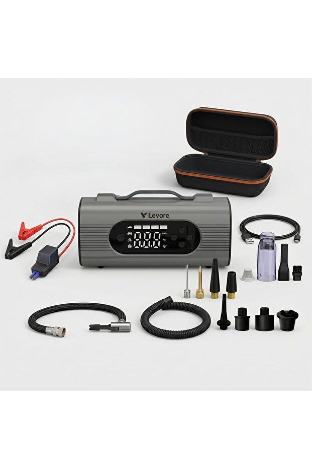 8-in-1 Portable Car Jump Starter with Air Compressor, 20000mAh Power Bank, Tire Inflator, Vacuum Cleaner, LED Emergency Light, Digital Display, 12V Battery Booster Emergency Kit - LJS11