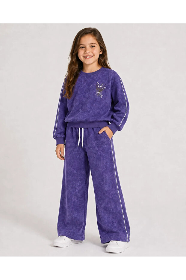 Girl's Purple Washed Effect Floral Embroidered Shoulder Piping Sweatshirt and Palazzo Sweatpants Set
