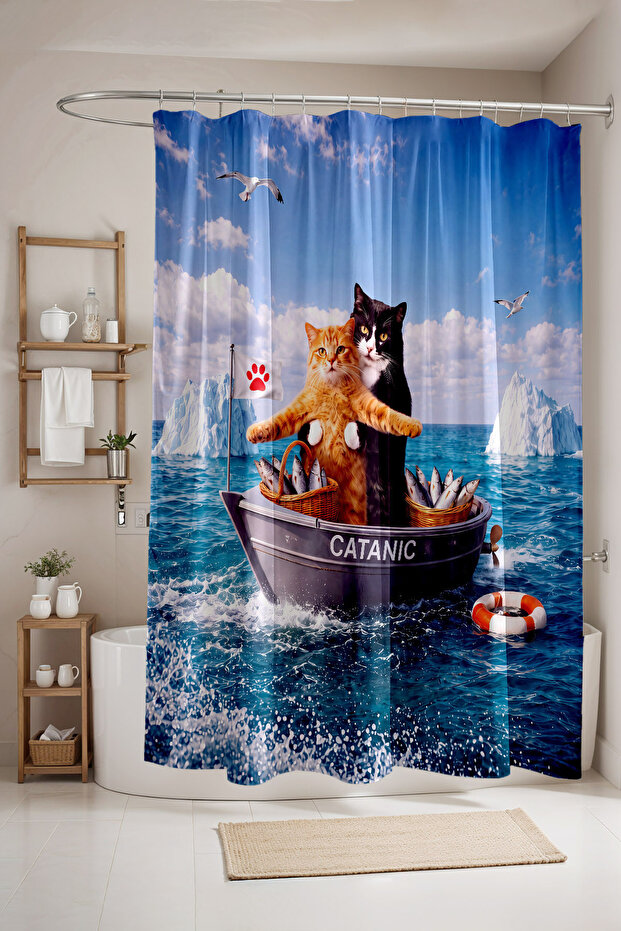 Catanic Patterned Bathroom Curtain, Shower Curtain, Bathtub Curtain 175X200Cm