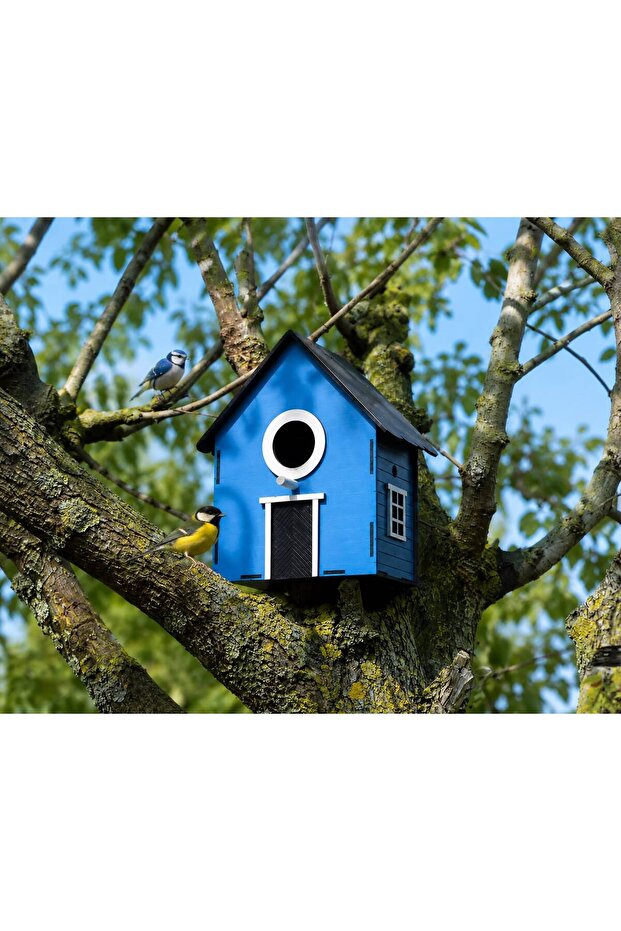Wooden Decorative Bird House Nest, Nesting Box, Balcony, Garden Accessory (Blue 16X10X22 cm)