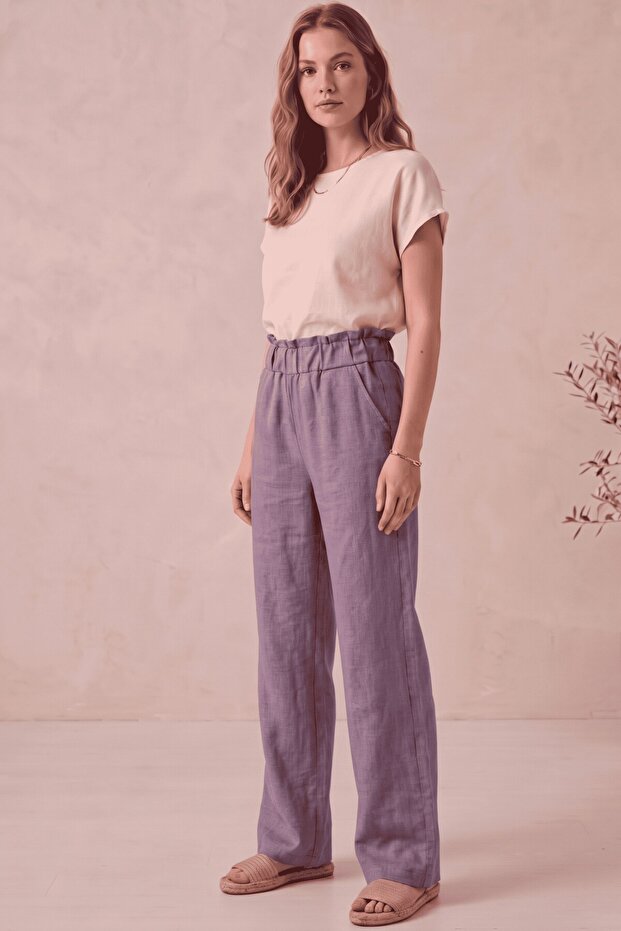 Lilac Gathered Elastic Waist Linen Look Palazzo Trousers