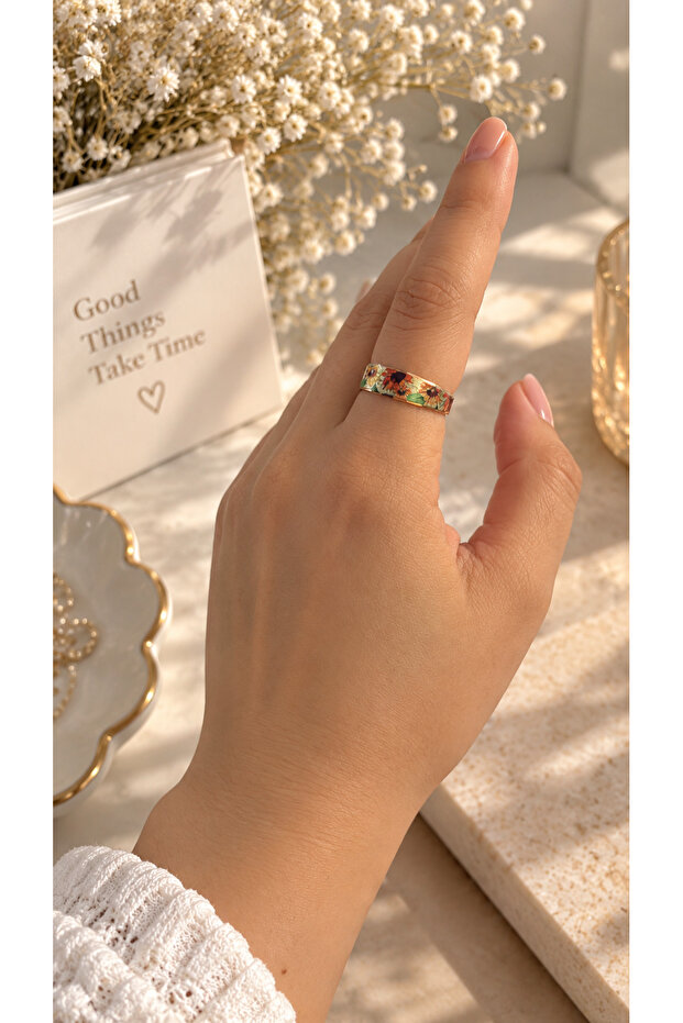 Copper Sunflower Patterned Adjustable Thin Ring