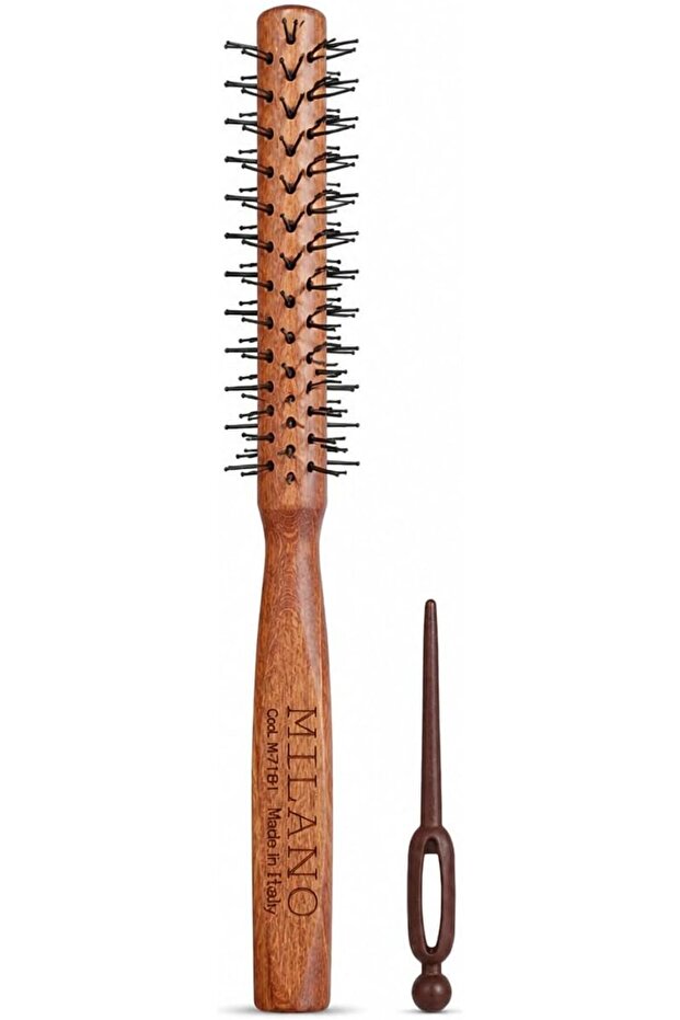 Milano Professional Extra-Slim Wooden Round Hair Brush M7181 with Sectioning Tool, Ball-Tipped Nylon Bristles and Square-Sided Handle for Precision Blow-Drying & Styling, Made in Italy