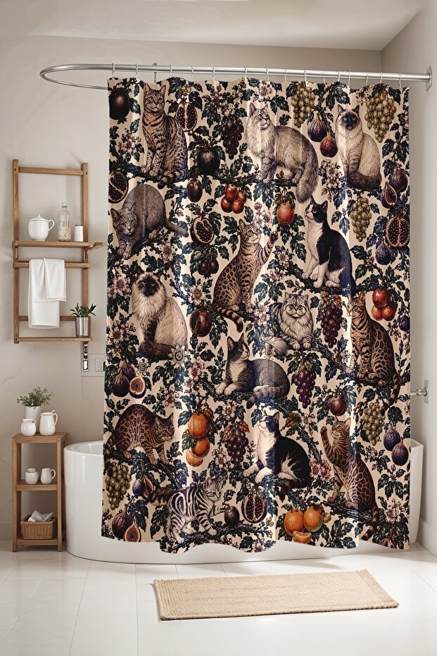 Cats in the Garden Patterned Bathroom Curtain, Shower Curtain, Bathtub Curtain 175X200Cm