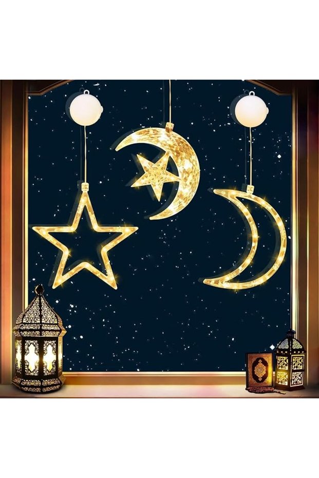 3 قطع أضواء نوافذ على شكل قمر ونجمة، أضواء LED على شكل قمر للنوافذ مع كوب شفط، أضواء معلقة على شكل قمر