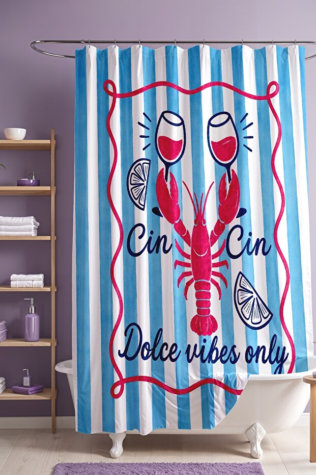 Blue Striped Pink Crab Patterned Bathroom Curtain, Shower Curtain, Bathtub Curtain 175X200Cm