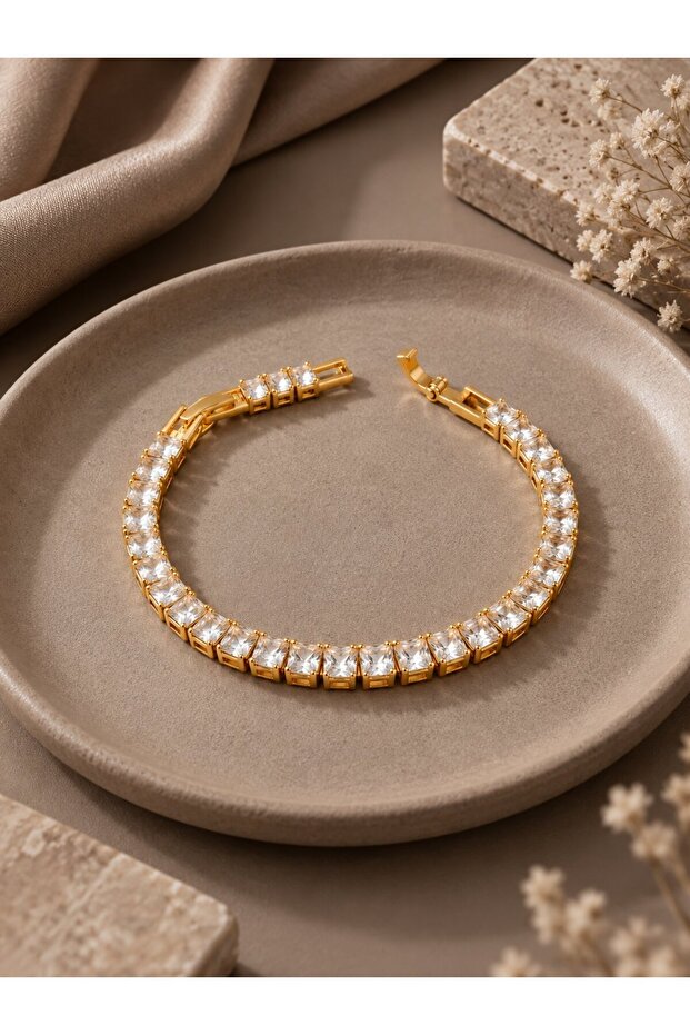 Brass Gold Color Square Zircon Stone Waterway Women's Bracelet Adjustable Feature
