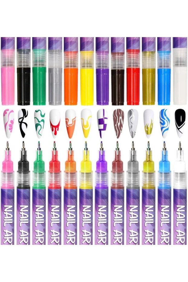 Professional Nail Art Pen Set of 12 - Acrylic Nail Painting and Pattern Pen Nail Polish Drawing Set