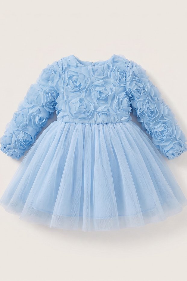 Baby Girl Child 3D Rose Long Sleeve Tulle Bow Birthday Party Special Occasion Cotton Evening Dress 6-9 Months 5 Years