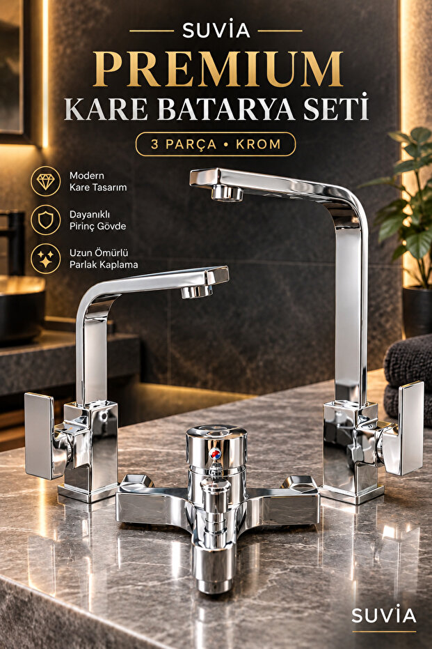 Square Faucet Set 3 Piece Chrome Kitchen Sink Bathroom Faucet Brass Body Premium