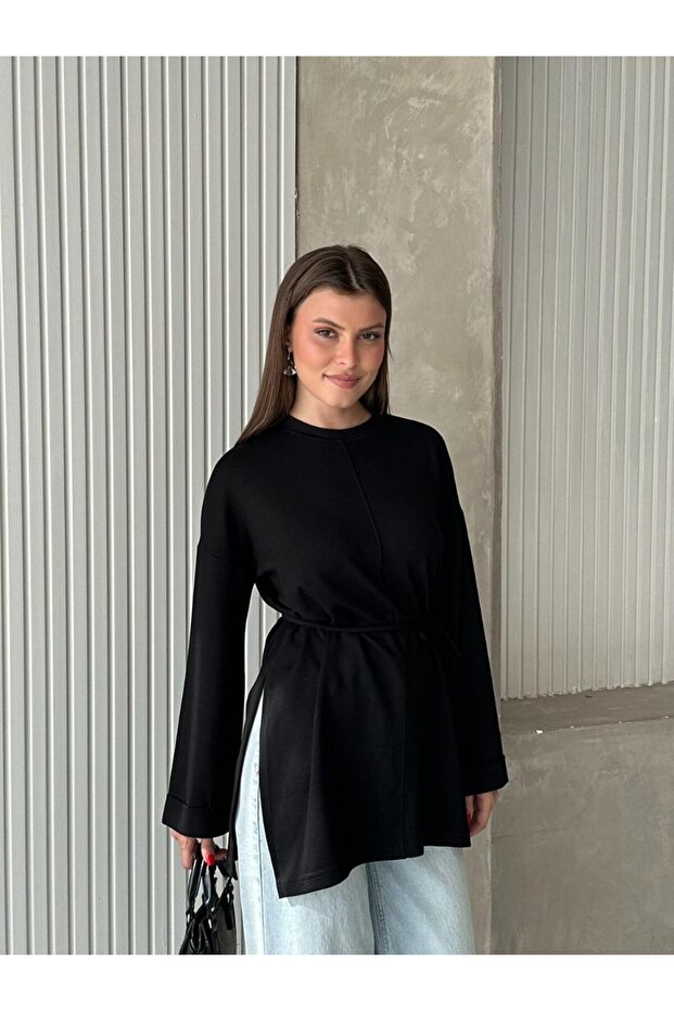 Crew Neck Side Slit Lace-Up Tunic Black