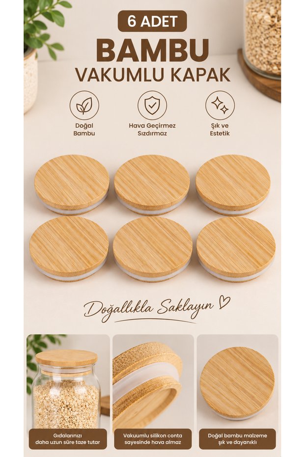 6 Pieces Vacuum Bamboo Jar Lid Leak-Proof Cover 6 cm Spice Jar Lid