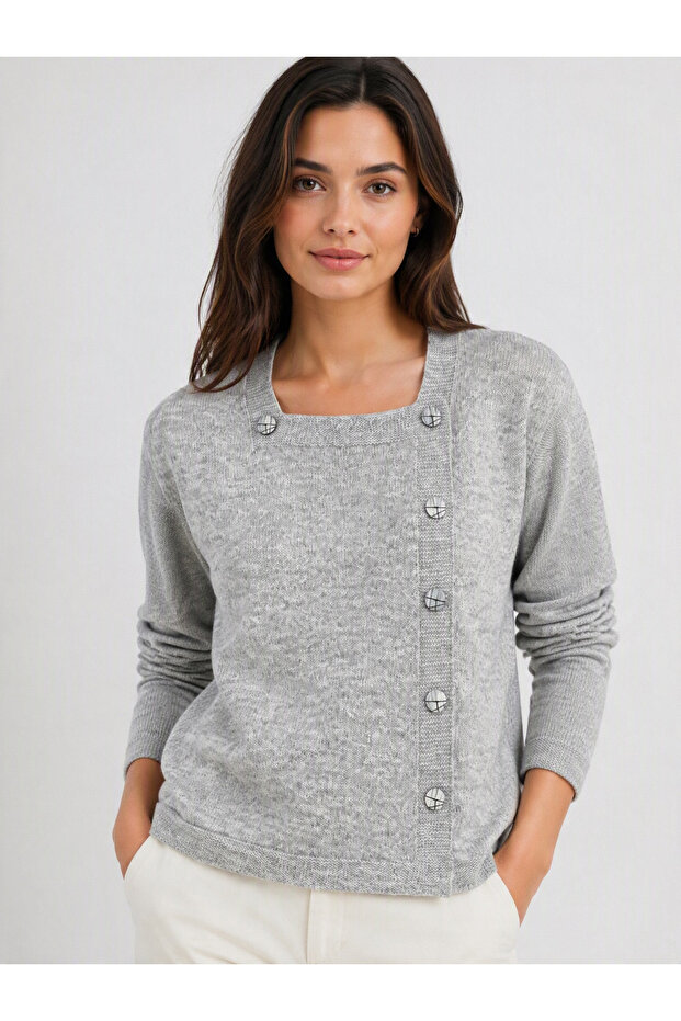 Square Collar Buttoned Knitwear Sweater - Gray