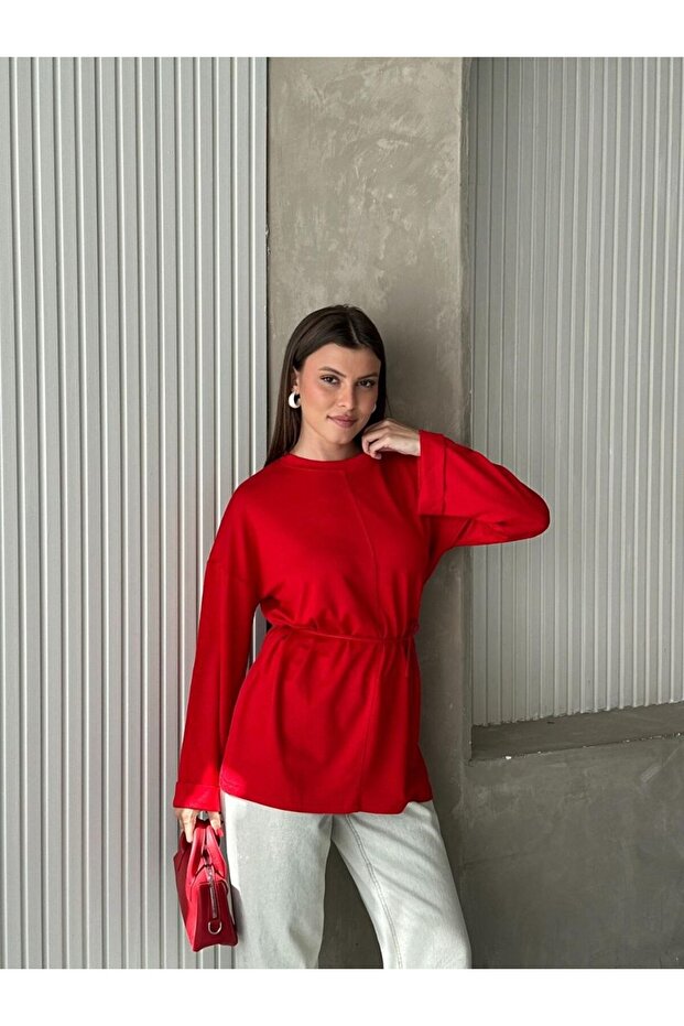 Crew Neck Side Slit Lace-Up Tunic Red