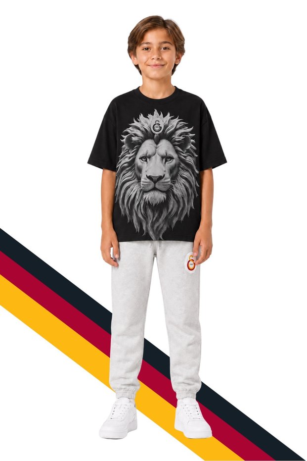 Children's Lion Printed Black T-Shirt and Gray Sweatpants, Tracksuit Set