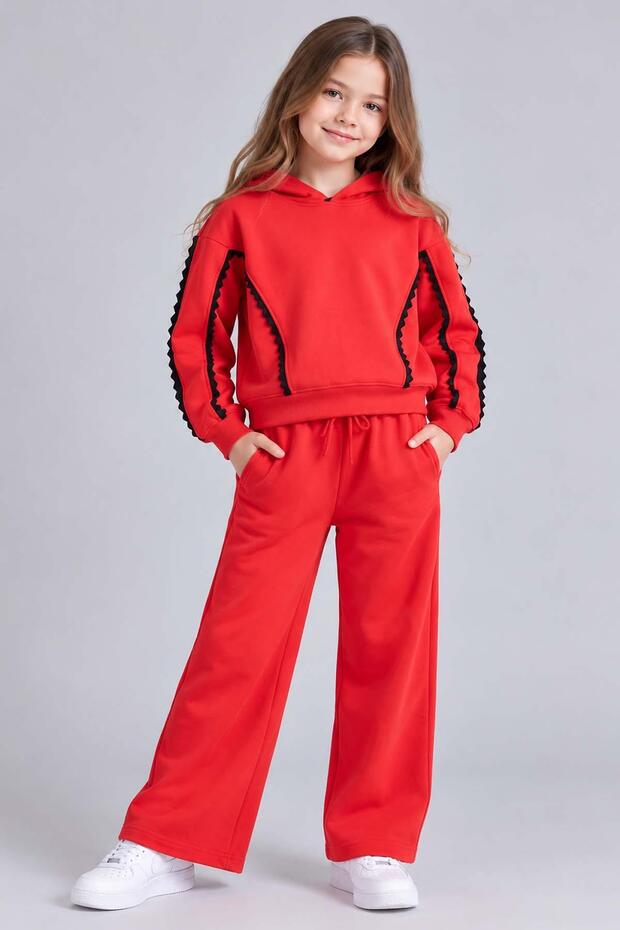 Girl's Hooded and Lace-Edged Embroidered Loose-Fit Double-Pocket Red Tracksuit Set