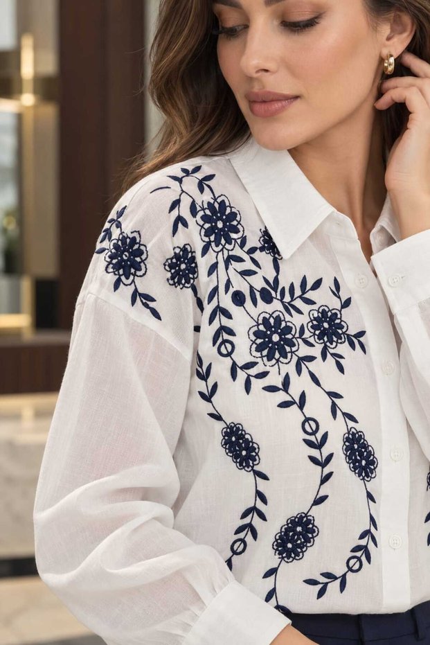 100% Cotton White Shirt with Floral Embroidery Detail - Classic and Modern Fit
